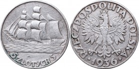 II Republic of Poland, 5 zlote 1936, ship
II Rzeczpospolita, 5 złotych 1936 Żaglowiec
 Rysy na całej powierzchni. Detal poprawny. 

Grade: VF+ 
 ...