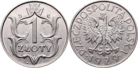 II Republic, 1 zloty 1929
II Rzeczpospolita, 1 złoty 1929
 Bardzo ładnie zachowany egzemplarz jak na złotówkę. Niewielkie ślady obiegu. 

Grade: X...