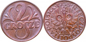 II Republic of Poland, 2 groschen 1938
II Rzeczpospolita, 2 grosze 1938
 Ładny, około menniczy egzemplarz. Obustronna, równomierna patyna. 

Grade...