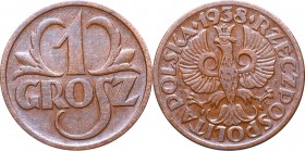 II Republic of Poland, 1 groschen 1938
II Rzeczpospolita, 1 grosz 1938
 Około-menniczy egzemplarz.


Grade: AU 
 Polen, Poland