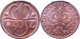 II Republic, 1 grosz 1939 - PCGS MS64 RB
II Rzeczpospolita, 1 grosz 1939 - PCGS MS64 RB
 Piękny, menniczy egzemplarz w ładnej patynie. Tylko 4 monet...