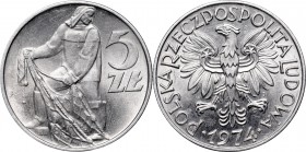 PRL, 5 zloty Fischerman 1974
PRL, 5 złotych 1974 Rybak - na trawce rzadkość
 Piękny, menniczy egzemplarz, z naturalnym, menniczym połyskiem na całej...