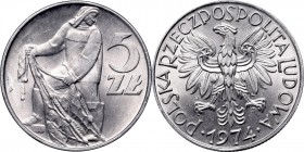 PRL, 5 zloty 1974 Fischerman
PRL, 5 złoty 1974 Rybak
 Piękny, menniczy stan zachowania. Intensywny, obustronny połysk. 

Grade: UNC/AU 
 Polen, P...