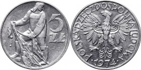 PRL, 5 zloty 1974 Fischerman
PRL, 5 złoty 1974 Rybak
 Piękny stan zachowania. Intensywny, obustronny połysk. Patyna. Delikatne przetarcia.


Grad...