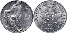 PRL, 5 zloty 1974 Fischerman
PRL, 5 złoty 1974 Rybak
 Piękny, menniczy stan zachowania. Intensywny, obustronny połysk.


Grade: UNC/AU 
 Polen, ...