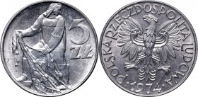 PRL, 5 zloty 1974 Fischerman
PRL, 5 złoty Rybak 1974
 Piękny, menniczy stan zachowania. Intensywny, obustronny połysk.


Grade: UNC/AU 
 Polen, ...