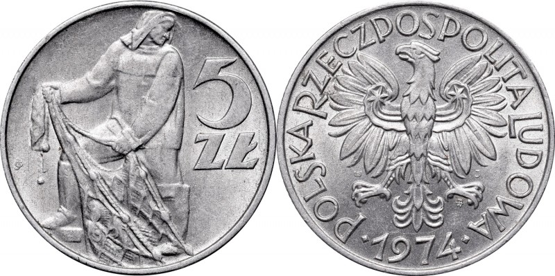 PRL, 5 zloty 1974, Fischerman
PRL, 5 złoty 1974, Rybak
 Ładny, około menniczy ...