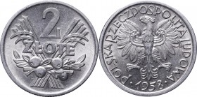 PRL, 2 zlote 1958, blueberries
PRL, 2 złote 1958, jagody
 Okołomenniczy egzemplarz pierwszego rocznika bicia, aluminium. Piękny połysk. 

Grade: A...