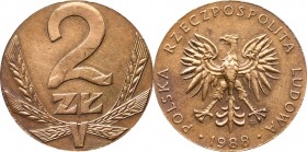 PRL, 2 zlote 1988 - mint destruct
PRL, 2 złote 1988 - destrukt menniczy
 Ciekawy destrukt menniczy, moneta wybita bez rantu. 

Grade: XF-/XF 
 Po...