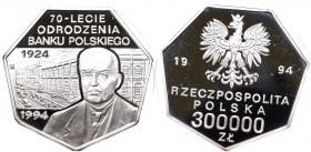 III RP, 300 000 zł, 70th anniversary of the Rebirth of the Polish Bank
III RP, 300 000 zł, 70-lecie Odrodzenia Banku Polskiego
 Srebro .999, waga 31...
