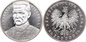III RP, 100.000 zlotych 1990, Pilsudski
III RP, 100.000 złotych 1990, Piłsudski - mały tryptyk
 Piękny, menniczy egzemplarz. Patyna, nalot. Moneta z...