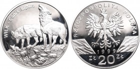 III RP, 20 zlotych 1999, Wolf
III RP, 20 złotych 1999, Wilk
 Patyna, nalot. 

Grade: Proof-/Proof 
 Polen, Poland