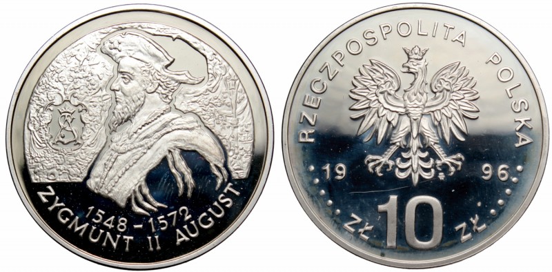 III RP, 10 złotych 1996 Zygmunt II August - popiersie
 Patyna, nalot, odcisk pa...