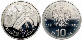 III RP, 10 złotych 1996 Zygmunt II August - popiersie
 Patyna, nalot, odcisk palca. 

Grade: Proof- 
 Polen, Poland
