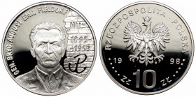 III RP, 10 złotych 1998 gen. bryg. August Emil Fieldorf Nil
 Drobne skazy mennicze. 

Grade: Proof 
 Polen, Poland