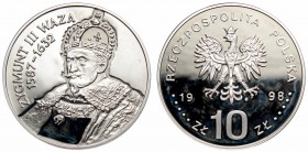 III RP, 10 złotych 1998 Zygmunt III Waza - popiersie
 Patyna, nalot. 

Grade: Proof-/Proof 
 Polen, Poland