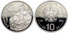 III RP, 10 złotych 1998 Zygmunt III Waza - półpostać
 Patyna, nalot. 

Grade: Proof-/Proof 
 Polen, Poland