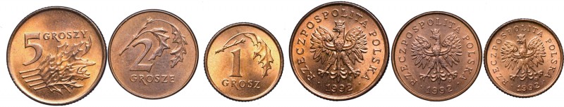 III RP, Set of coins 1, 2, 5 groschen 1992
III RP, Zestaw monet 1, 2, 5 groszy ...