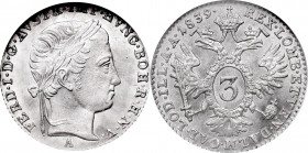 Austria, 3 kreuzer 1839, Wien - GCN MS65
Austria, 3 krajcary 1839, Wiedeń - GCN MS65
 Piękny, menniczy egzemplarz, naturalny połysk, delikatna patyn...