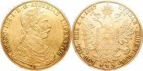 Austria, Franz Joseph, 4 ducats 1867, Vienna
Austria, Franciszek Józef, 4 dukaty 1867, Wiedeń
 Piękny przykład 4-dukatówki, wybity stemplem lustrzan...
