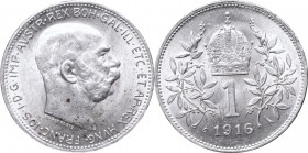 Austria, Franz Jozef I, 1 crown 1916, Vienna
Austria, Franciszek Józef I, 1 korona 1916, Wiedeń
 Około menniczy egzemplarz z mocnym, naturalnym poły...