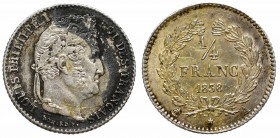 France, 1/4 franc 1838 A
Francja, 1/4 franka 1838 A
 Rzadko pojawiający się w sprzedaży nominał w rewelacyjnym stanie zachowania. Widoczne wyraźnie ...