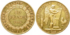 France, 50 francs 1904, Paris
Francja, 50 franków 1904, Paryż
 Ładny egzemplarz ponad półuncjowej złotej monety francuskiej. Ryski w tle, typowe dla...