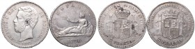 Spain, lof of 5 pesetas 1870 and 1871
Hiszpania, zestaw 5 pesetas 1870 i 5 pesetas 1871
 Obiegowe egzemplarze. Patyna, nalot. 

Grade: VF/VF+