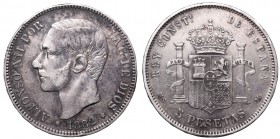 Spain, Alfonso XII, 3 pesetas 1882, Madrid
Hiszpania, Alfons XII, 3 pesety 1882, Madryt
 Ładnie zachowana moneta, resztki połysku, ciemna patyna 
...