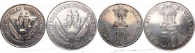 India, Lot 10 and 50 rupee 1974 Food for all, CuNi and silver
Indie, Zestaw 10 i 50 rupii 1974 Food for all, CuNi i srebro
 50 rupii - srebro
 10 r...