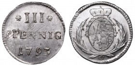 Germany, Saxony, Frederic Augustus, 3 pfennig 1793 C
Niemcy, Saksonia, Fryderyk August, 3 fenigi 1793 C
 Około mennicza moneta wybita w nakładzie je...