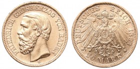 Germany, Baden, Friedrich I, 20 mark 1894 G
Niemcy, Badenia, Fryderyk I, 20 marek 1894 G, Karlsruhe
 Bardzo ładny egzemplarz monety, dobrze zachowan...