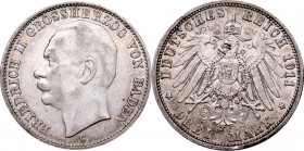 Germany, Baden, Friedrich II, 3 mark 1911 G
Niemcy, Badenia, Fryderyk II, 3 marki 1911 G, Karsluche
 Bardzo ładnie zachowany egzemplarz, przetarcie ...