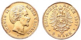 Germany, Bayern, Ludwig II, 5 mark 1877 D
Niemcy, Bawaria, Ludwik II, 5 marek 1877 D, Monachium
 Bardzo ładnie zachowany egzemplarz monety, niestety...