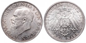 Germany, Bayern, Ludwig III, 3 mark 1914 D
Niemcy, Bawaria, Ludwik III, 3 marki 1914 D, Monachium
 Piękny okołomenniczy egzemplarz monety, bardzo do...