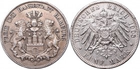 Germany, Hamburg, 5 mark 1908 J
Niemcy, Hamburg, 5 marek 1908 J
 Ładnie zachowany egzemplarz, delikatnie przetarty, patyna. 

Grade: XF- 
Referen...