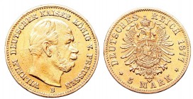 Germany, Preussen, Wilhelm I, 5 mark 1877 B
Niemcy, Prusy, Wilhelm I, 5 marek 1877 B, Hanower
 Naturalny, obiegowy egzemplarz. 

Grade: VF+ 
Refe...