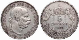 Hungary, Franz Joseph, 5 korona 1900
Węgry, Franciszek Józef, 5 koron 1900
 Obiegowy egzemplarz. Patyna, nalot. Srebro .900, waga 23,88 g. 

Grade...