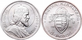 Hungary, Miklos Horthy, 5 pengö 1938 BP, Budapest
Węgry, Miklos Horthy, 5 pengö 1938 BP, Budapeszt
 Świetnie zachowany, menniczy egzemplarz. Piękny ...