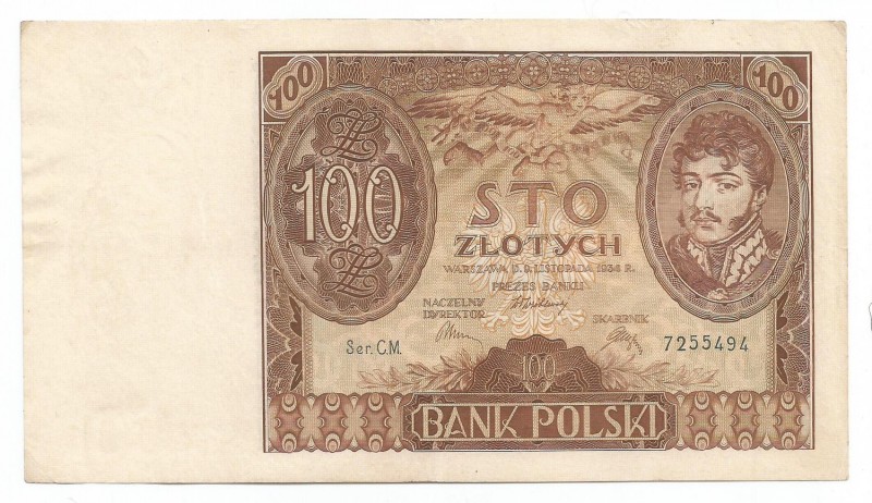 II RP, 100 złotych 1934
 Bardzo ładny egzemplarz. Zgięte narożniki, lekkie pofa...