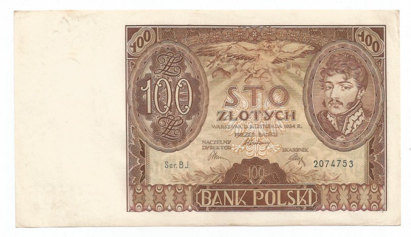 II RP, 100 złotych 1934
 Banknot po konserwacji. 

Grade: XF-/XF