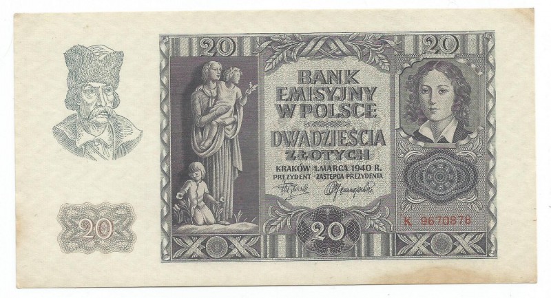 GG, 20 złotych 1940
 Bardzo ładny egzemplarz z lekkimi nieświeżościami i zabrud...