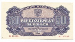 PRL, 50 złotych 1944 - owym
 Banknot po fachowej konserwacji. Widoczne dawne zgięcie na pół. 

Grade: XF