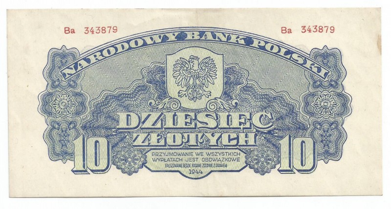 PRL, 10 złotych 1944 - owe
 Banknot po profesjonalnej konserwacji, dawniej zgię...