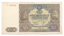 PRL, 50 złotych 1946
 Piękny egzemplarz. Zgięcie lewego i prawego dolnego rogu, drobne nadgięcia i nieświeżosci.

Grade: XF+