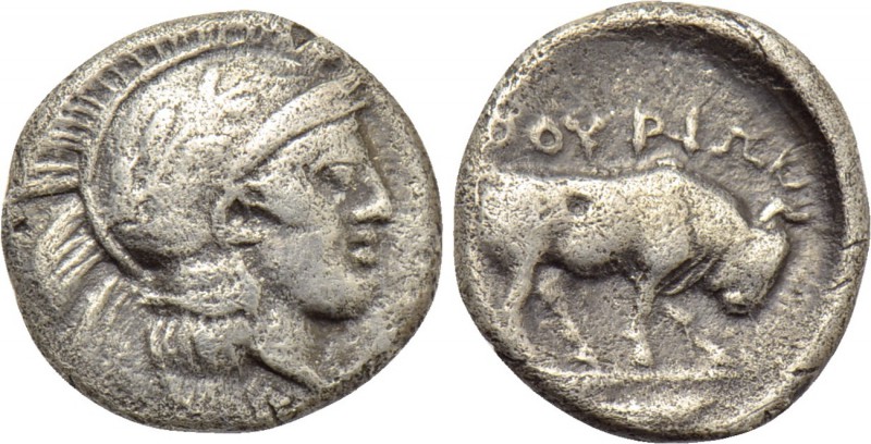 LUCANIA. Thourioi. Triobol (Circa 443-400 BC). 

Obv: Helmeted head of Athena ...