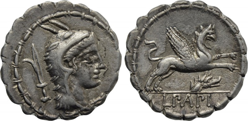 L. PAPIUS. Serrate Denarius (79 BC). Rome.

Obv: Head of Juno Sospita right, w...
