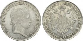 AUSTRIA. Ferdinand I (1835-1848). 20 Kreuzer (1843-M). Milan.