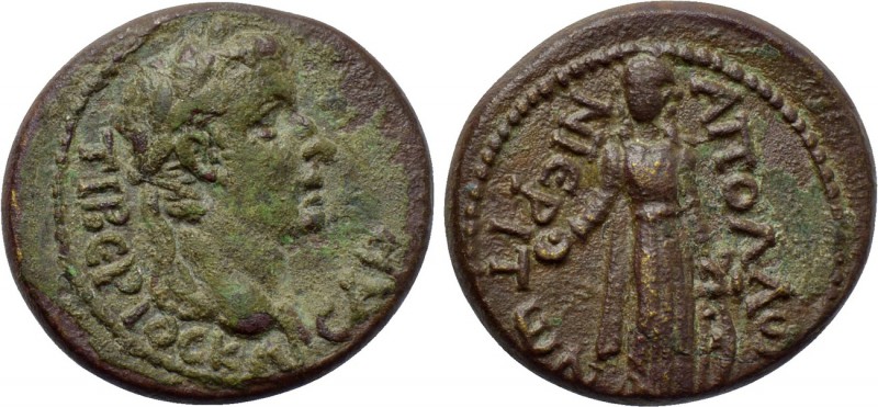 LYDIA. Apollonoshieron. Tiberius (14-37). Ae. 

Obv: TIBЄPIOC KAICAP. 
Laurea...