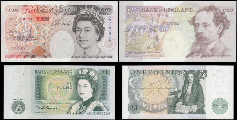 Bank of England matching FIRST RUN LOW serial numbered pair 1 and 10 Pounds numb...